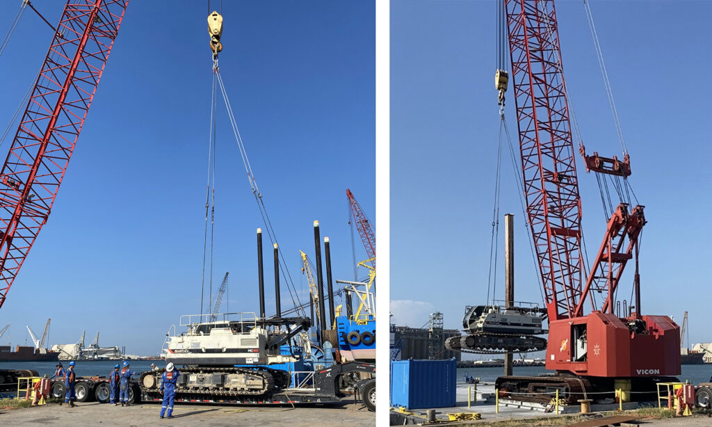 loading auger cast pile drilling rig onto barge for construction project in Galveston Texas
