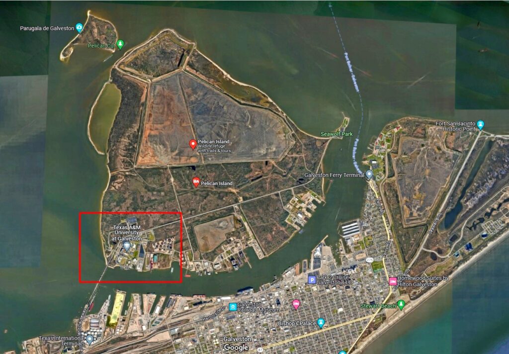 Google Map of Pelican Island at Texas A&M University north of Galveston, Texas